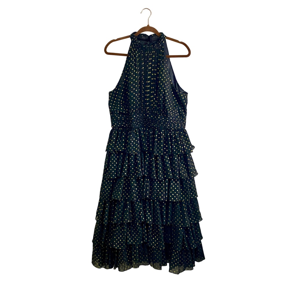 Mac Duggal Dress 14 New With Tags Gold Polka Dot Ruffle Tiered Halter High Neck